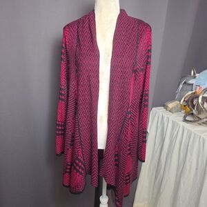 Joseph A NWT Open Front Cardigan Sweater Red Black Geometric Size L